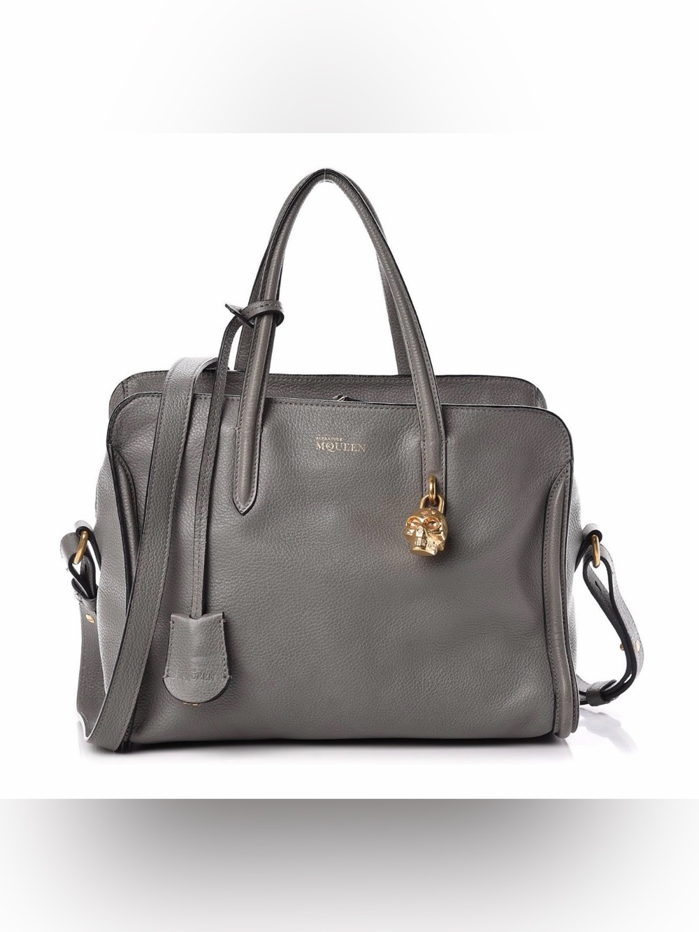 Alexander McQueen Gray Leather Satchel with Gold Skull Accent